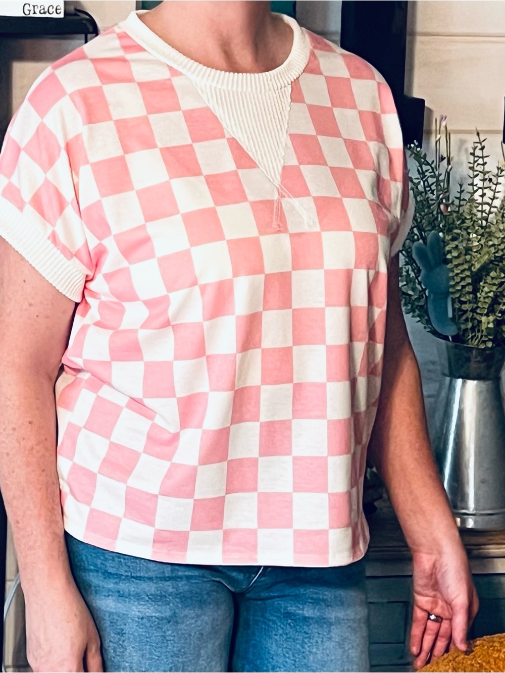 7th Ray Checkerboard Short-Sleeve Top - Pink & White